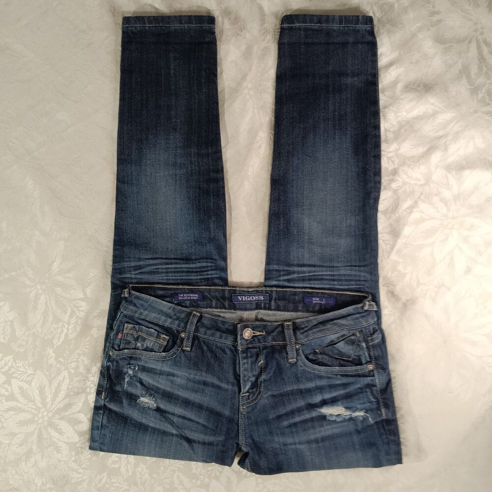 Vigoss Jeans Denim The Boyfriend Rolled Up Skinny Stretchy Distressed